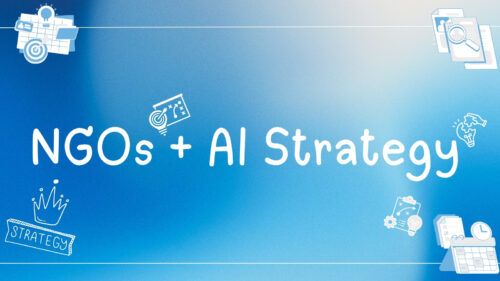 Blue gradient banner reading 'NGOs + AI Strategy' in white handwritten font, with white doodle icons symbolizing strategy and planning.