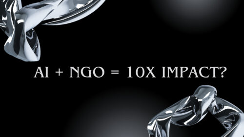 Black background with chrome abstract shapes and the slogan 'AI + NGO = 10X IMPACT?' in light gray typography, posing a question about impact guidance.