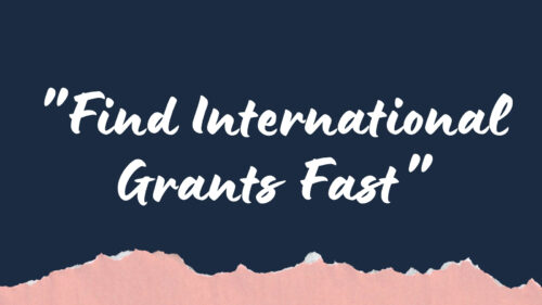 Dark blue banner with white cursive text: “Find International Grants Fast” and a pink torn-paper edge along the bottom, like a hero image.