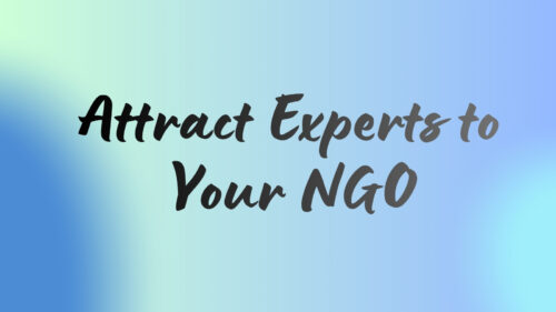 Gradient blue-teal banner reading 'Attract Experts to Your NGO' in dark script.