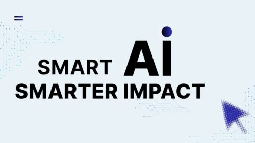 Bold headline 'SMART AI SMARTER IMPACT' on a pale blue background with circuit-pattern accents along the edges.