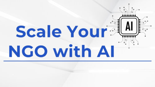 Slogan 'Scale Your NGO with AI' shown alongside a circuit-board AI chip on the right and a light abstract background.