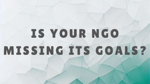 Bold question: 'Is your NGO missing its goals?' over a pale geometric polygon background.