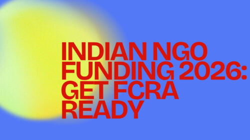 Blue banner with a large yellow sun gradient on the left and bold red text: 'INDIAN NGO FUNDING 2026: GET FCRA READY'