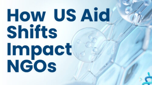 Title text: "How US Aid Shifts Impact NGOs" over a blue scientific background featuring a molecular model, indicating a theme about aid impacts on nonprofits.