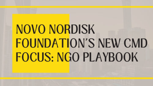 Banner announcing Novo Nordisk Foundation's new CMD focus: NGO Playbook, with a bright yellow square on the left and yellow horizontal lines above and below over a muted city skyline background.